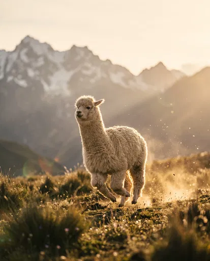 Cream Alpaca Galloping in Golden Mountain Meadow
