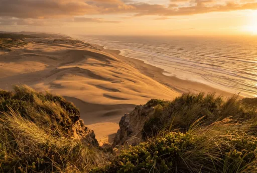 Golden Sunset Over Coastal Sand Dunes