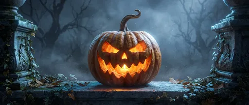 Glowing Carved Pumpkin on Stone Ledge