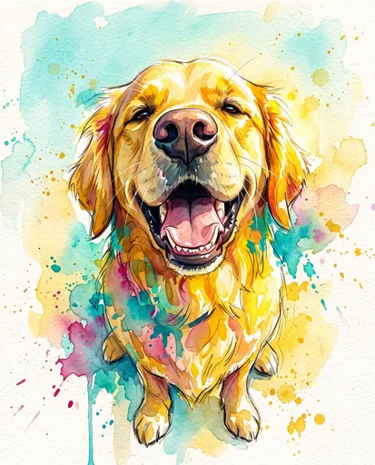 Vibrant Watercolor Illustration of Grinning Golden Retriever
