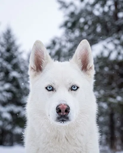 White Siberian Husky Portrait in Winter Forest