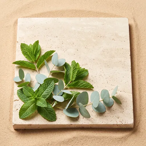 Mint and Eucalyptus on Travertine Slab