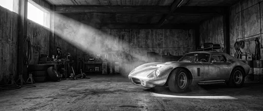 Vintage Aluminum Race Car in Garage