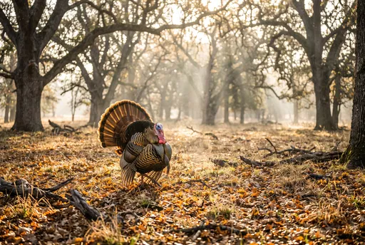 Wild Turkey Strutting in Sunlit Forest