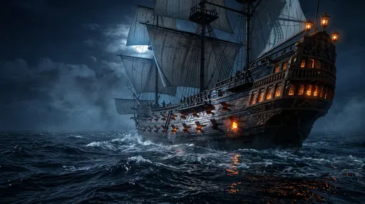 Wooden Tall Ship Sailing at Night