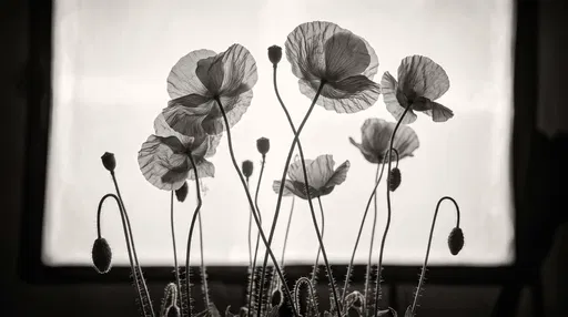 Backlit Black and White Poppy Flowers