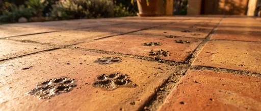 Muddy Cat Paw Prints on Terracotta Tiles