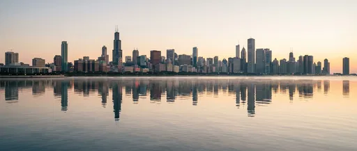 Panoramic Chicago Skyline Reflected at Dawn