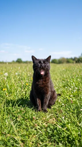 Black Cat Yawning in Sunny Meadow