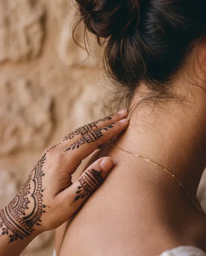 Henna Hand Resting on Neck