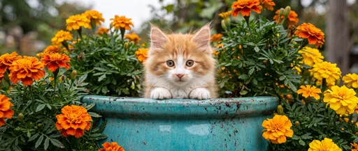 Fluffy Orange Kitten in Turquoise Planter