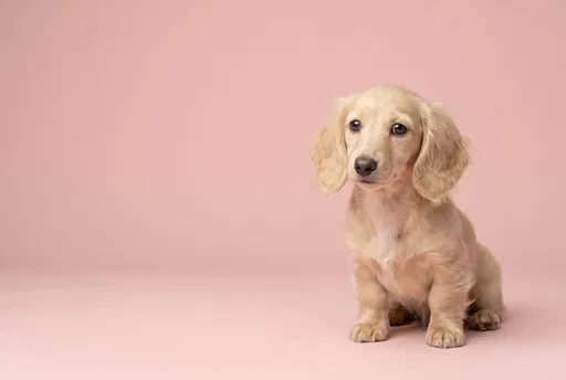 Cream Dachshund Puppy on Pink Background