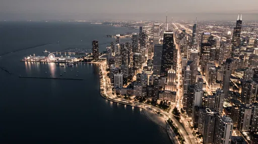 Aerial Night View of Chicago Skyline