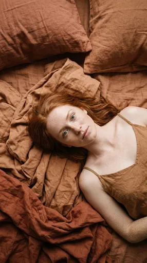 Red-Haired Woman Lying on Terracotta Linen