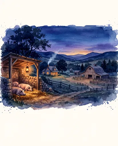 Watercolor Farmstead and Pig Pen at Twilight