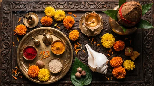 Traditional Hindu Puja Flat Lay Arrangement
