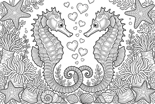 Two Seahorses With Hearts Coloring Page