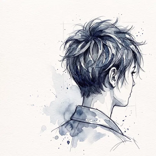 Indigo Watercolor Sketch of Pixie Haircut