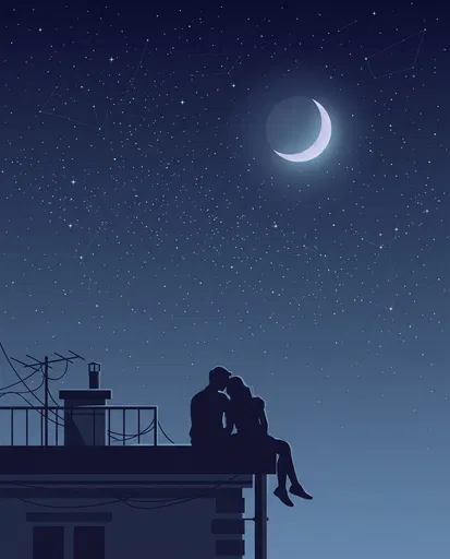 Couple Silhouette on Rooftop Under Starry Sky