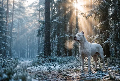 Dogo Argentino Standing in Frosty Forest