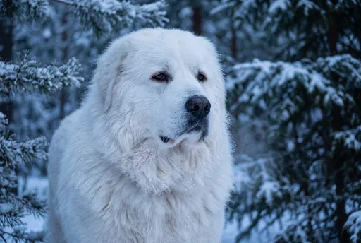 White Fluffy Dog in Snowy Pine Forest
