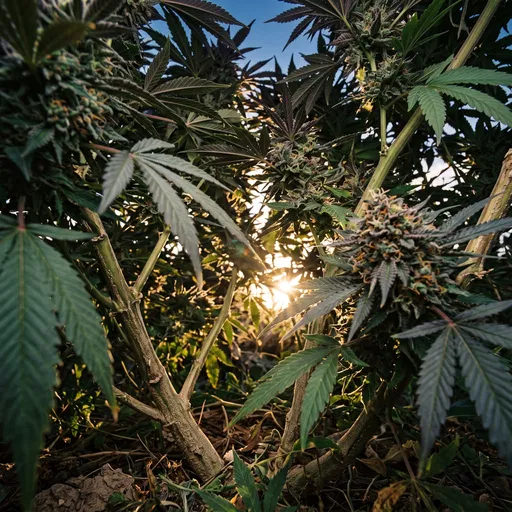 Low Angle Flowering Cannabis Plant in Sunlight