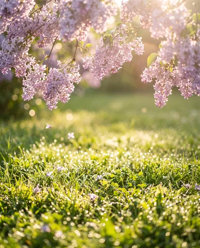 Sunlit Lilac Blossoms Over Dewy Grass