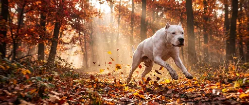 Dogo Argentino Running in Autumn Forest