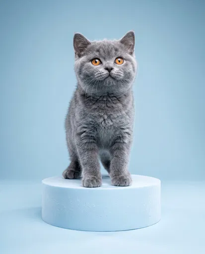 British Shorthair Kitten on Blue Pedestal