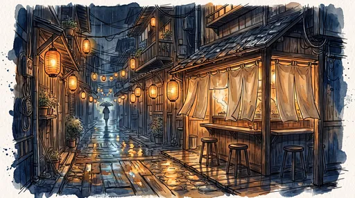 Watercolor Rainy Night Alleyway Illustration