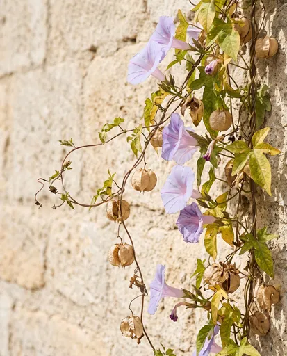 Lavender Morning Glories on Limestone Wall