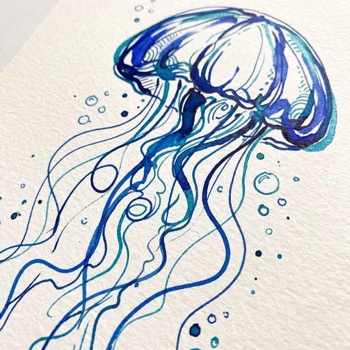 Blue Ink Jellyfish Drawing on Textured Paper