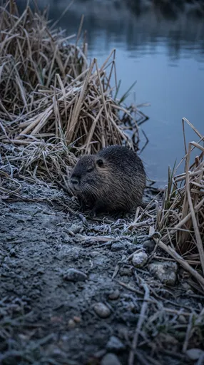 Nutria on Frosty Winter Riverbank