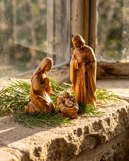 Carved Olive Wood Nativity Scene on Windowsill