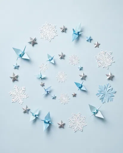 Winter Origami and Snowflake Spiral Flat Lay