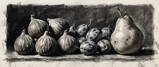 Charcoal Still Life of Figs Plums Pear