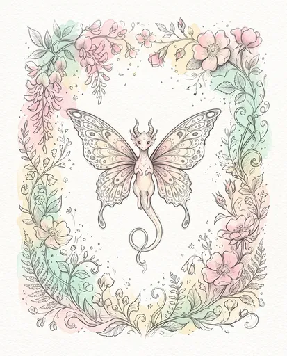Pastel Watercolor Fairy Dragon Floral Frame