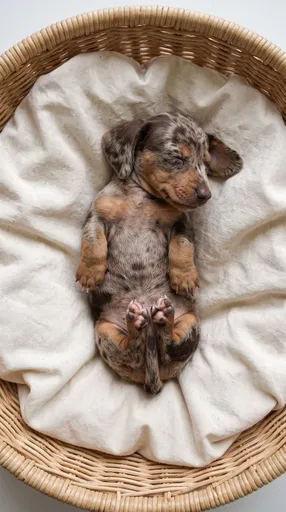 Sleeping Dappled Dachshund Puppy in Basket