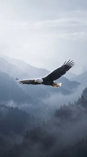 Bald Eagle Soaring Over Misty Mountains