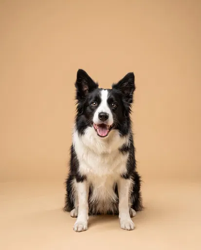 Border Collie Sitting on Beige Backdrop