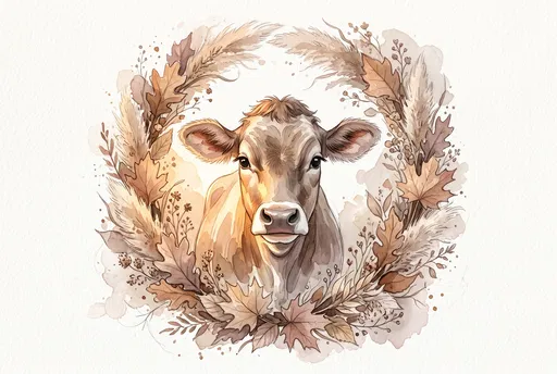 Watercolor Cow in Autumn Wreath