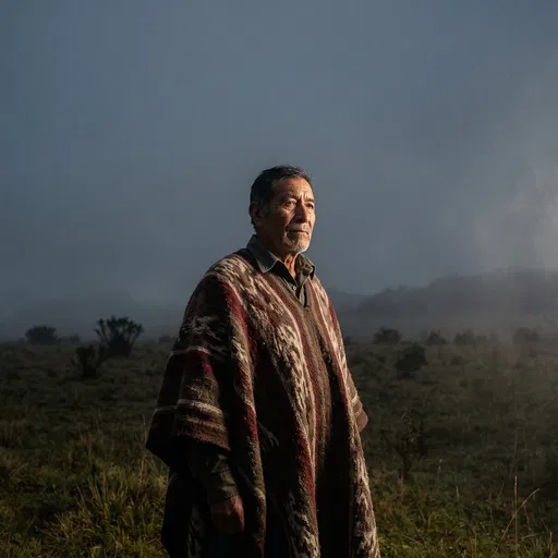 Older Man in Poncho in Misty Field