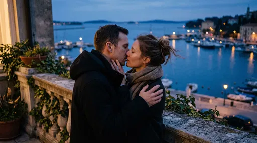 Couple Kissing on Balcony Overlooking Harbor