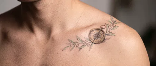 Compass and Olive Branch Collarbone Tattoo
