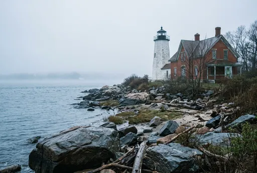 Misty Coastal Lighthouse and Brick Cottage