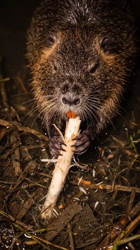 Nutria Eating Pale Root at Night