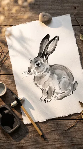 Sumi-e Ink Wash Rabbit Drawing Flat Lay
