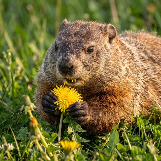 Groundhog Eating Yellow Dandelion in Grass