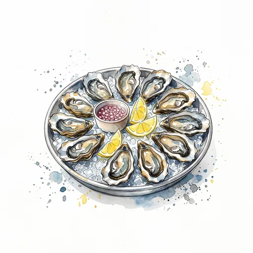 Watercolor Illustration of Fresh Oysters Platter