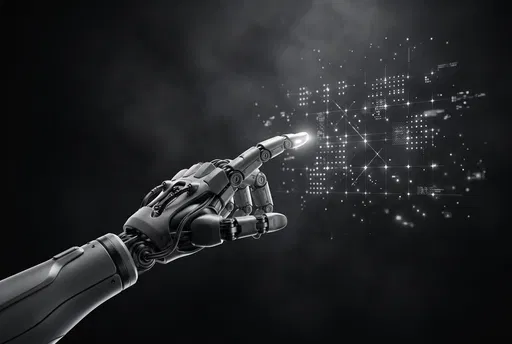 Robotic Hand Touching Glowing Digital Grid